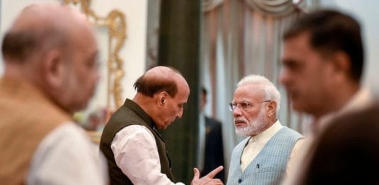 File image of Prime Minister Narendra Modi with Defence Minister Rajnath Singh, with Home Minister Amit Shah (in the background) | Atul Yadav | PTI