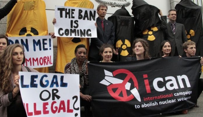 People protesting nuclear weapons, organised by ICAN