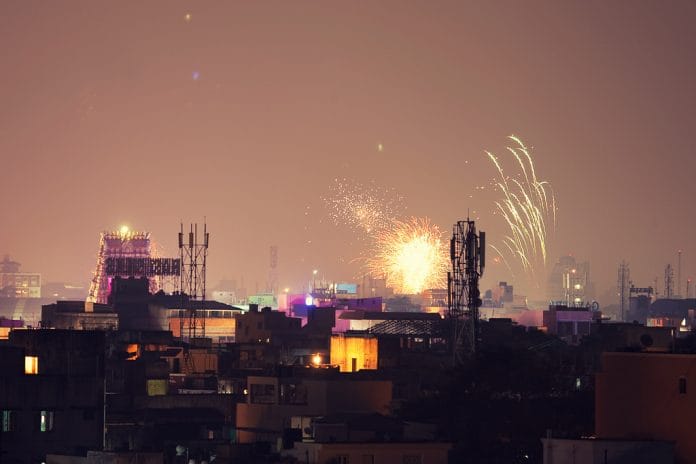 Fireworks in city skyline