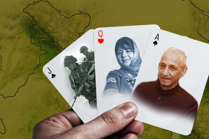 A representational image depicting interlocutor Dineshwar Sharma, Mehbooba Mufti and the Army