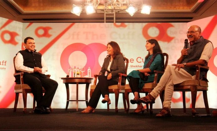 Maharashtra Chief Minister Devendra Fadnavis (left) at the Off The Cuff event with contributing editor Mahrukh Inayet, associate editor Manasi Phadke and Editor-in-chief Shekhar Gupta (right)
