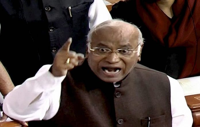 Congress leader Mallikarjun Kharge in the Lok Sabha