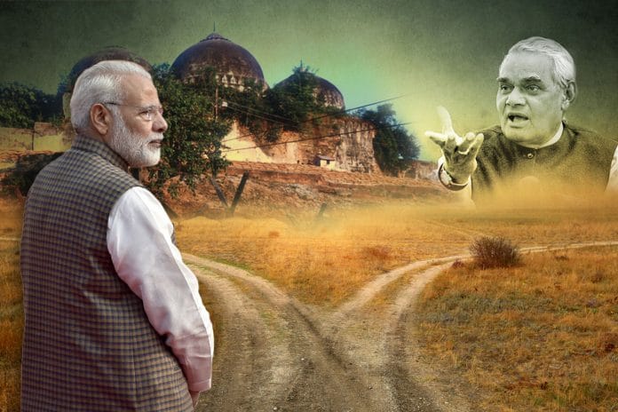 An illustration showing Narendra Modi, the Babri Masjid and Atal Bihari Vajpayee