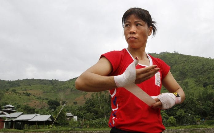 Mary Kom during her morning practice session in Games Village in Imphal, India