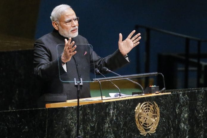 Prime minister Narendra Modi, giving a speech at the podium in UN, General Assembly