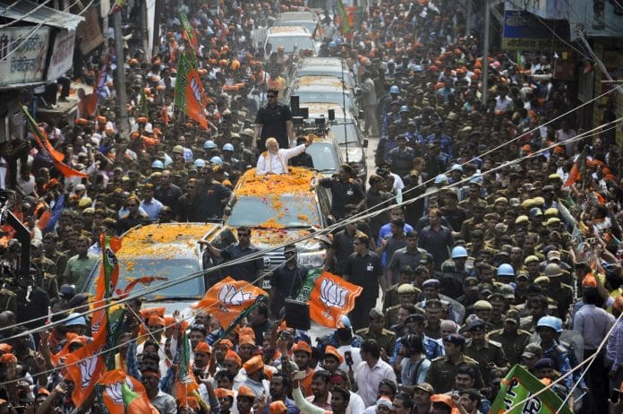 Prime Minister Narendra Modi during the road show on March 4, 2017 in Varanasi