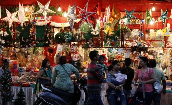 People buying a Christmas gifts at hill road in Bandra.