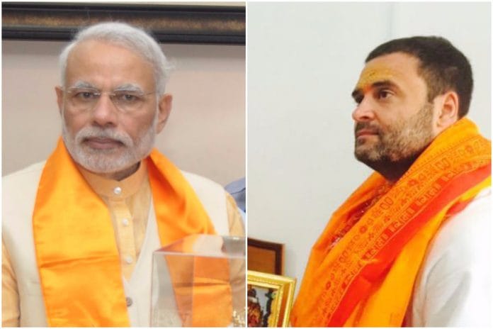 A collage of Narendra Modi and Rahul Gandhi in temples