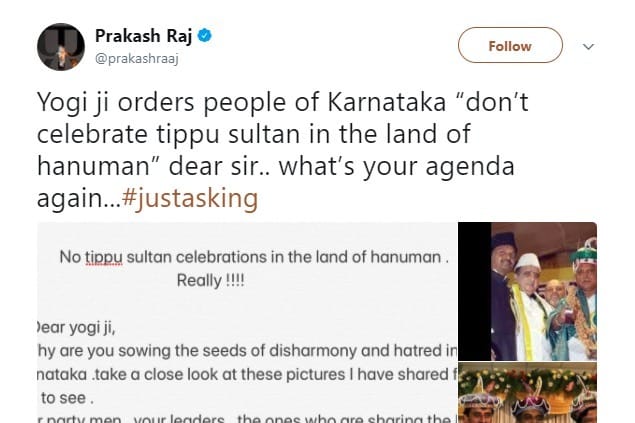 Tweet by Prakash Raj on Tipu Jayanti