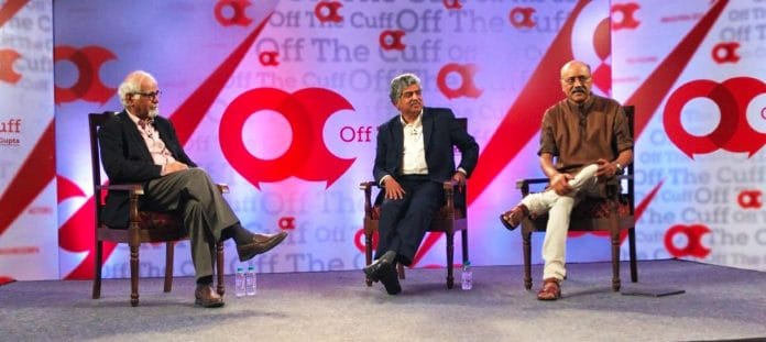 Surjit Bhalla, Nandan Nilekani and Shekhar Gupta on stage
