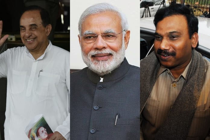 L-R: A. Raja, Naraendra Modi, Subramaniam Swamy