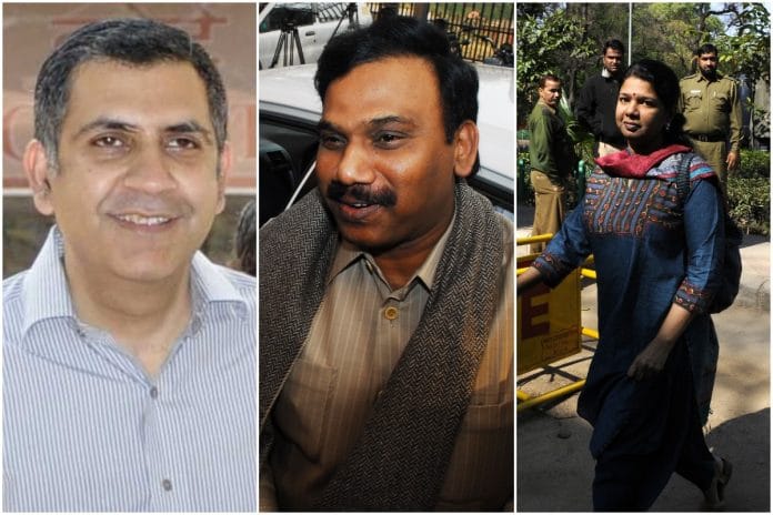 L-R: Unitech Ltd. Managing Director Sanjay Chandra, Former telecom minister A. Raja, DMK MP Kanimozhi