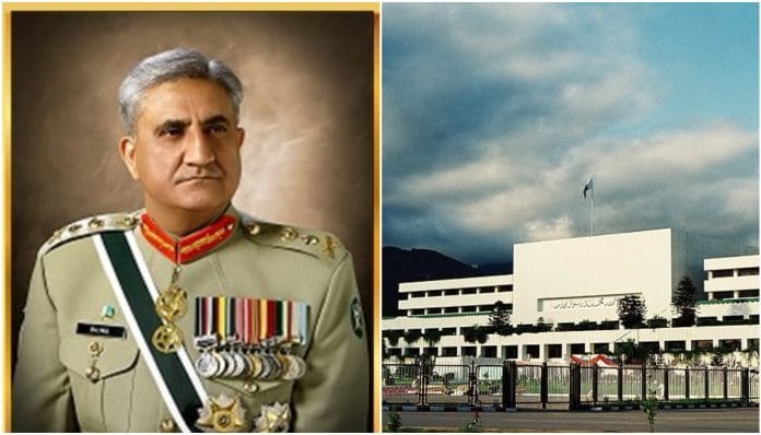 Pakistan Army chief General Qamar Javed Bajwa and the Pakistani Parliament House
