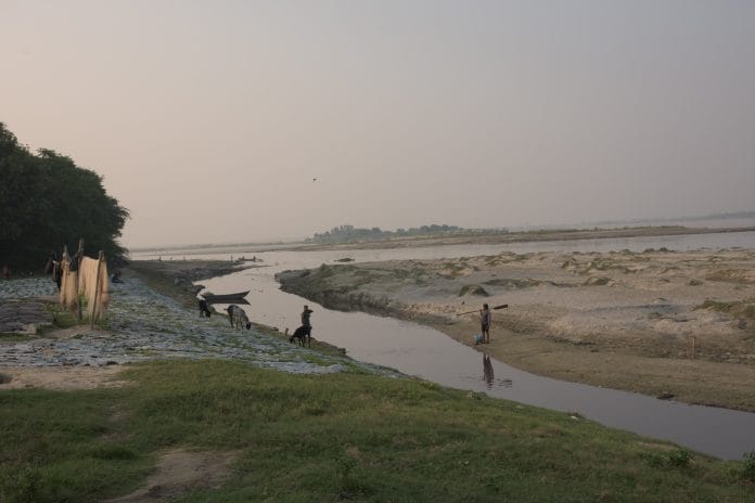 Animal hides used by tanneries being dried on the banks of Ganga
