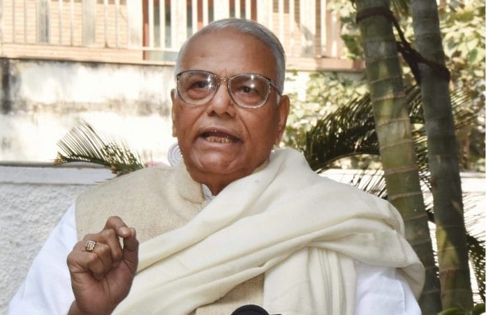 Yashwant Sinha talking to press