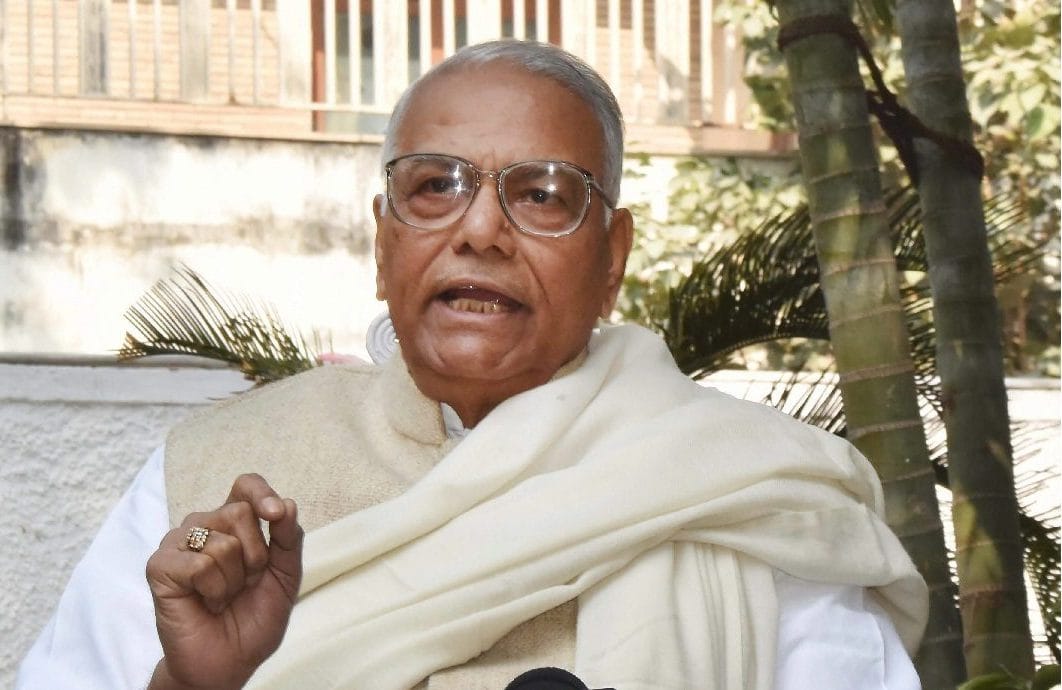 Yashwant Sinha talking to press