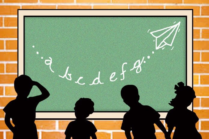 A graphic showing English being taught in schools