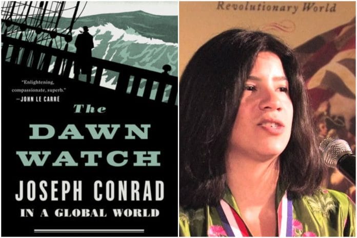 a collage of the book cover (L) with a picture of Maya Jasanoff (R)