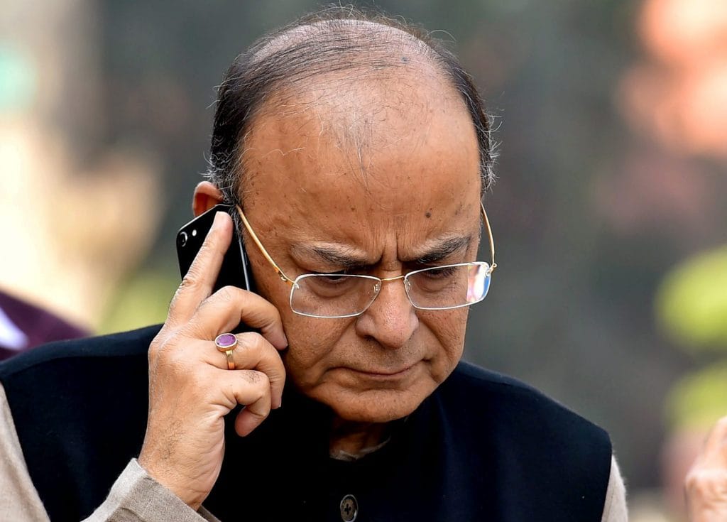 Finance Minister Arun Jaitley on the phone