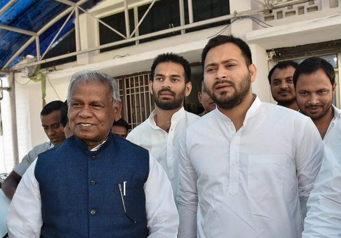 Rashtriya Janata Dal (RJD) leader Tejashwi Yadav with former Bihar Chief Minister and Hindustani Awam Morcha (Secular) leader Jitan Ram Manjhi (left) on Wednesday | PTI photo