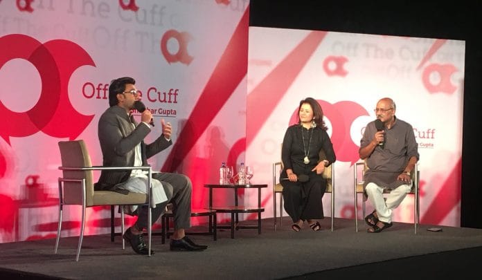 Ranveer Singh on stage with Mahrukh Inayat and Shekhar Gupta