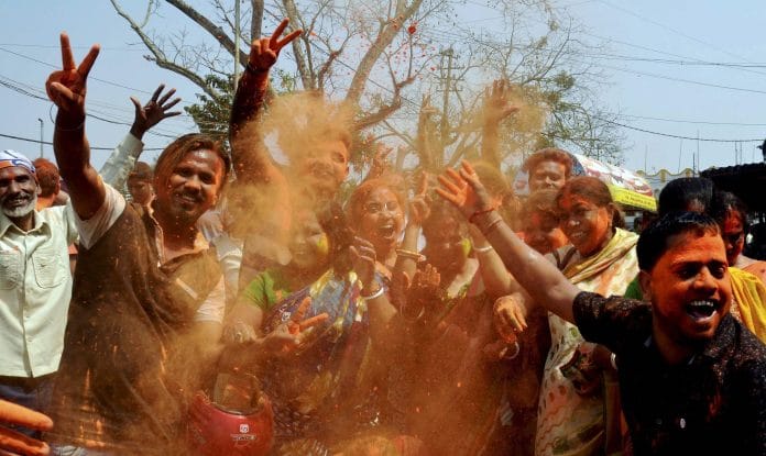 BJP supporters celebrate party's victory in Tripura | PTI Photo
