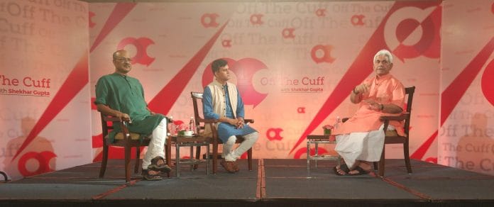 Union minister of communication Manoj Sinha with Shekhar Gupta and Kumar Anshuman