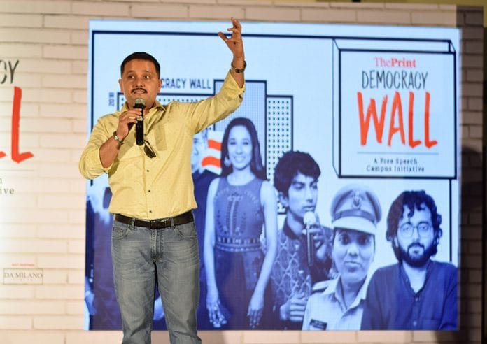 Author Amish Tripathi at Democracy Wall, Somaiya Vidyavihar Mumbai. | Manas Gurung/ThePrint