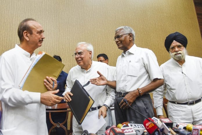 Ghulam Nabi Azad, Kapil Sibal, D Raja and KTS Tulsi during a press conference after opposition parties submitted a notice to to initiate impeachment proceedings against CJI Dipak Misra