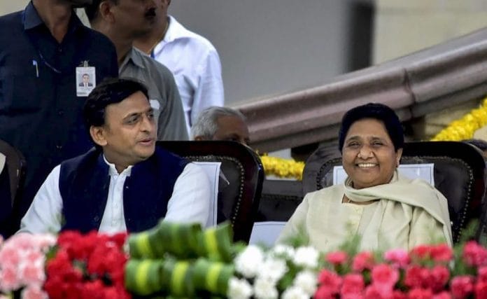 File image of Samajwadi Party (SP) leader Akhilesh Yadav with Bahujan Samaj Party (BSP) leader Mayawati | PTI