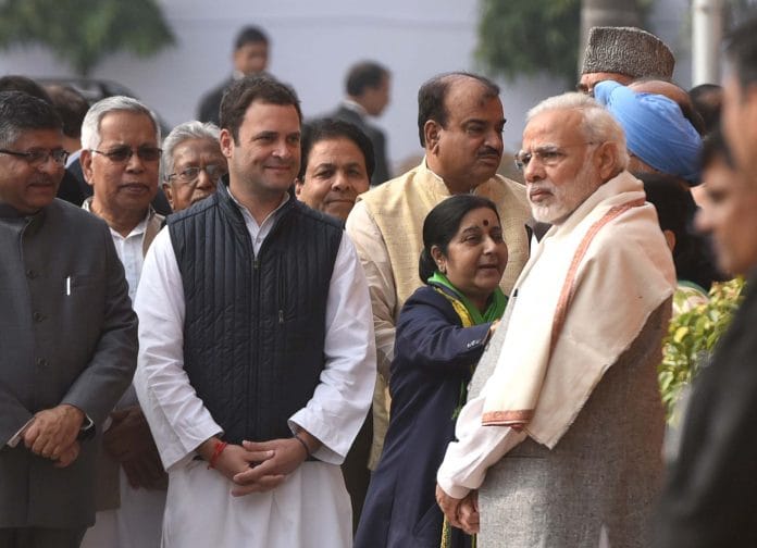 File photo of Narendra Modi, Sushma Swaraj, Rahul Gandhi and LK Advani at Parliament House on December 13, 2017 in New Delhi | Getty Images