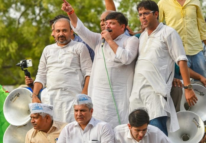 AAP MP Sanjay Singh with party workers | PTI Photo/Kamal Kishore