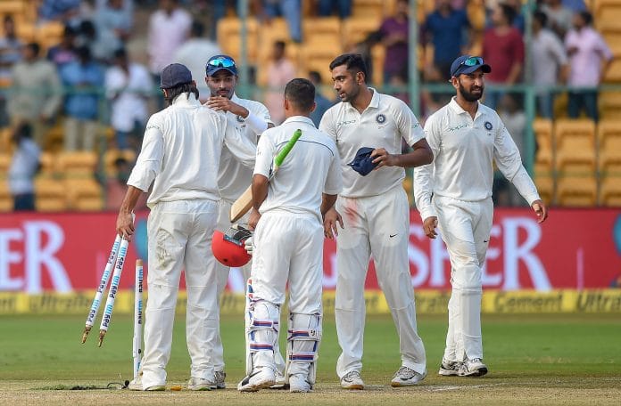 ndian Cricket team players greet each other after India won the one-off test match against Afghanistan at Chinnaswamy Stadium in Bengaluru