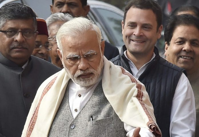File photo of Prime Minister Narendra Modi and Congress President Rahul Gandhi during in New Delhi, 2017 | Ajay Aggarwal/Hindustan Times via Getty Images