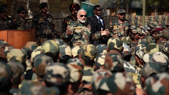 PM Modi with Army and BSF Jawans in Kashmir in 2017 | @narendramodi/Twitter