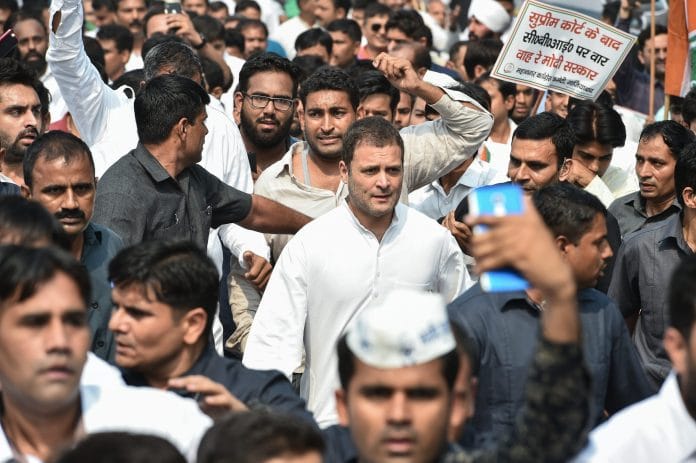 Congress President Rahul Gandhi and senior party leaders march towards the CBI headquarters | PTI