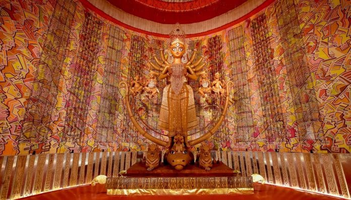 An idol of Goddess Durga in puja pandal in Kolkata | Swapan Mahapatra/PTI