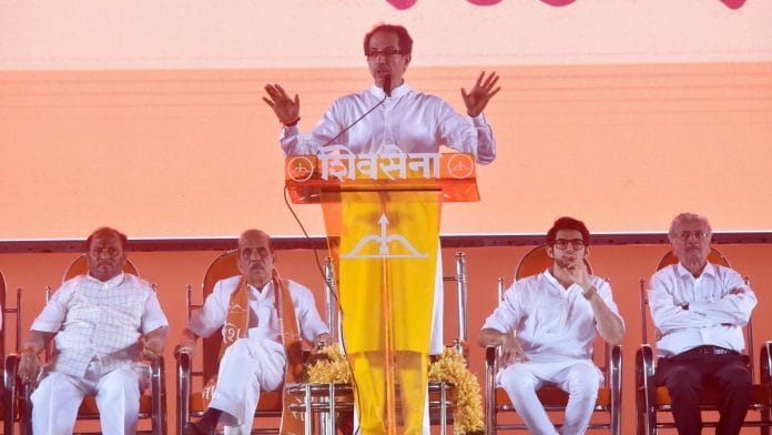 Shiv Sena chief Uddhav Thackeray addresses the Dussehra rally at Shivaji Park in Mumbai | PTI Photo/Mitesh Bhuvad