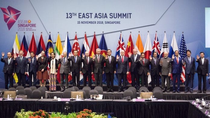 Vietnam's Prime Minister Nguyen Xuan Phuc, South Korea's President Moon Jae-in, Philippine President Rodrigo Duterte, New Zealands Prime Minister Jacinda Ardern, Myanmar State Counsellor Aung San Suu Kyi, Malaysia's Prime Minister Mahathir Mohamad, Chinese Premier Li Keqiang, Russian President Vladimir Putin, Singapore's Prime Minister Lee Hsien Loong, Thai Prime Minister Prayut Chan-O-Cha, US Vice President Mike Pence, Australia's Prime Minister Scott Morrison, Brunei Sultan Hassanal Bolkiah, Cambodian Prime Minister Hun Sen, India's Prime Minister Narendra Modi, Indonesia's President Joko Widodo, Japan's Prime Minister Shinzo Abe and Laos Prime Minister Thongloun Sisoulith at the 13th East Asia summit plenary session | Ore Huiying/Getty Images