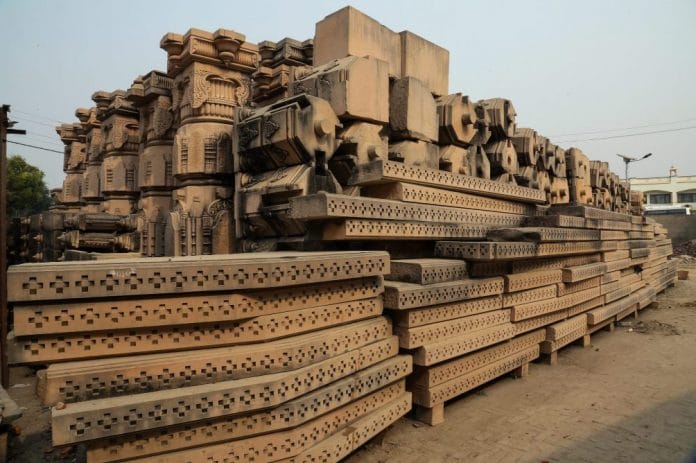 Carved stones at the Ram Janmabhomi Nyas-run workshop at Karsevakpuram in Ayodhya.