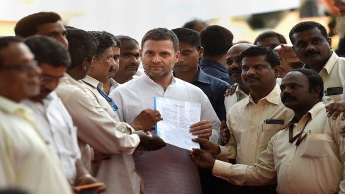 Congress President Rahul Gandhi with the employees of Hindustan Aeronautics Ltd in Bengaluru | Shailendra Bhojak/PTI