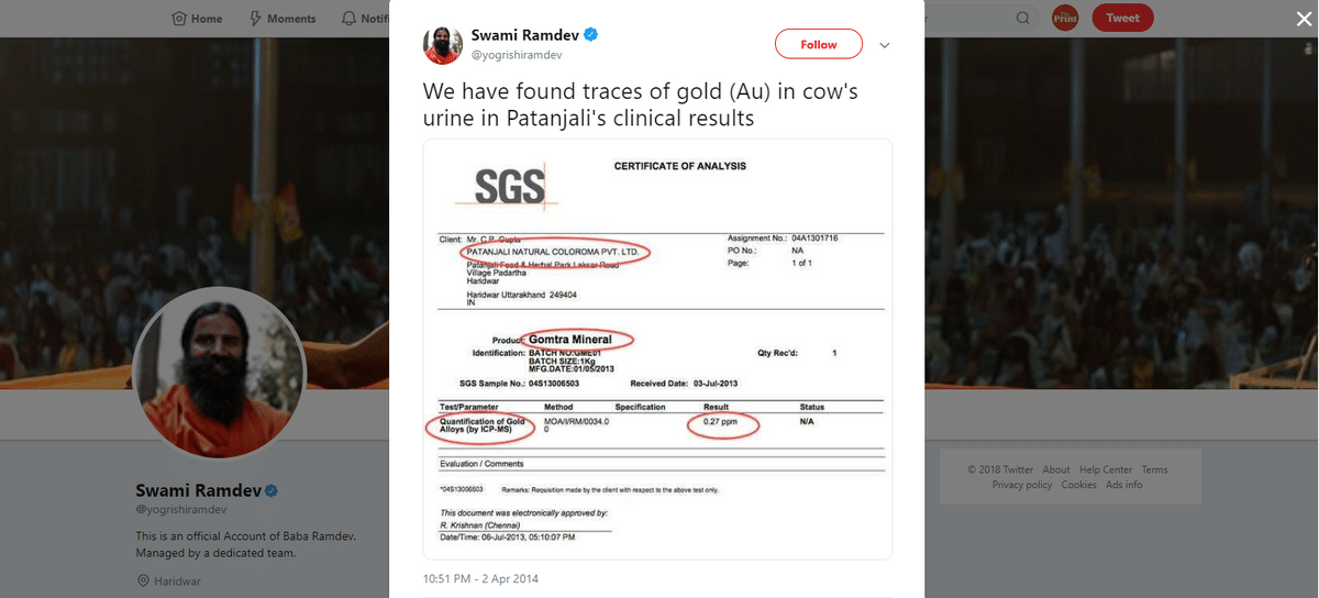A screen grab of Baba Ramdev announcing the discovery of gold in cow urine 