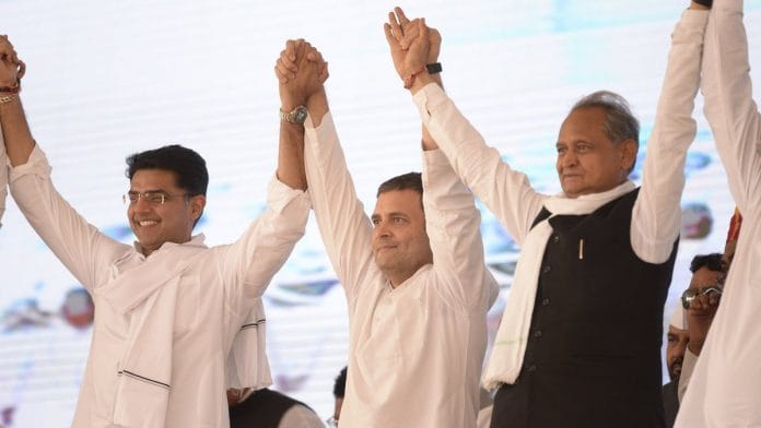 Ashok Gehlot with Sachin Pilot and Congress President Rahul Gandhi
