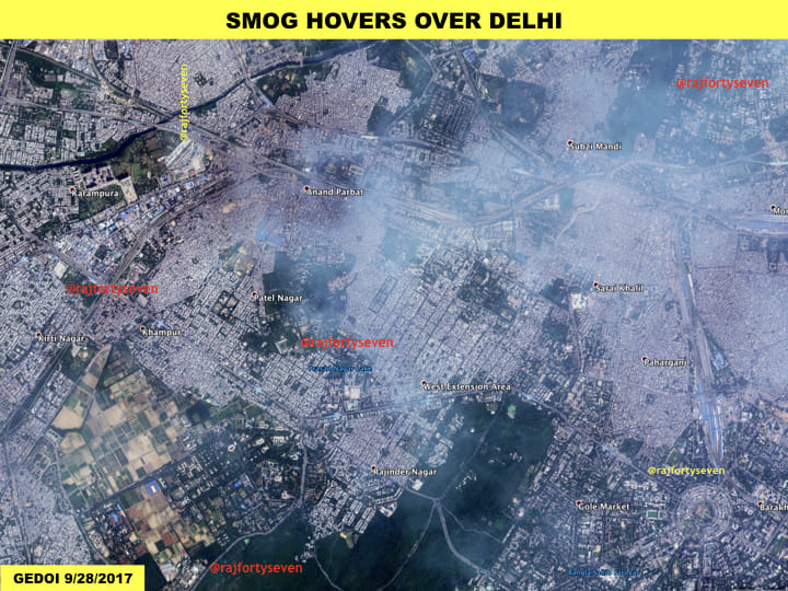 A satellite image from September 2017 shows smog triggered by industrial pollution in north Delhi.