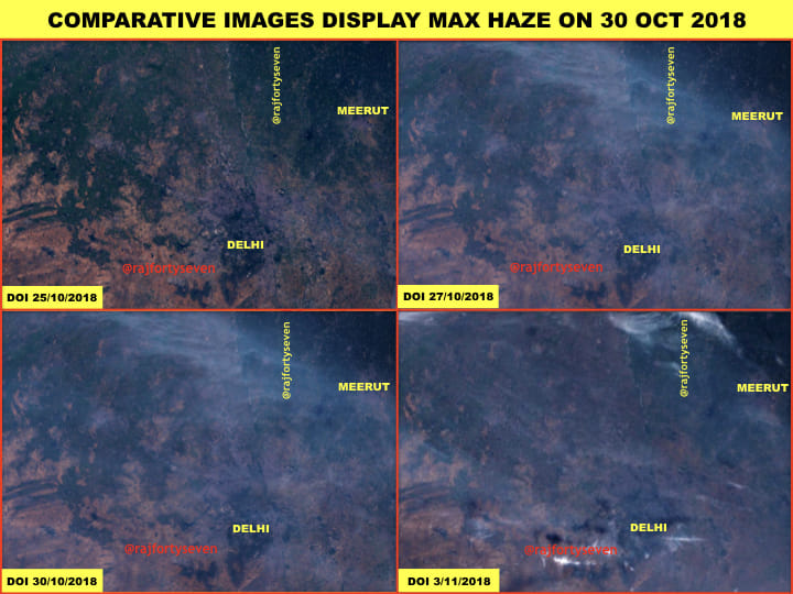 Comparison of smog over Delhi between four days, 25 October 2018, 27 October, 30 October and 3 November.