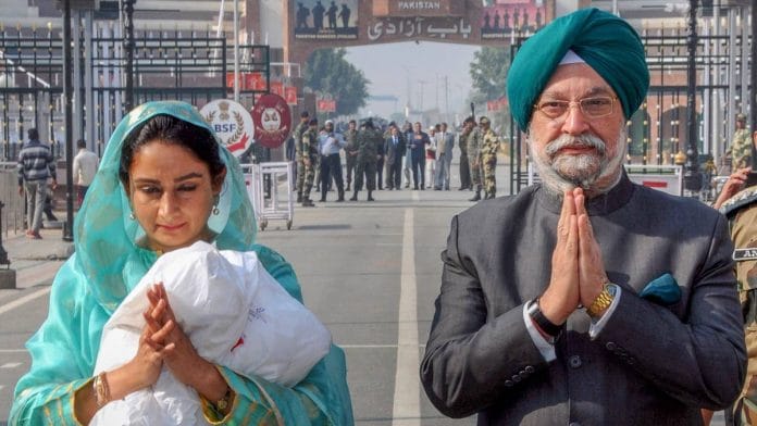 Union MoS Hardeep Singh Puri and Union Minister Harsimrat Kaur Badal before leaving for Pakistan to attend the ceremony of Dera Baba Nanak-Kartarpur Sahib corridor
