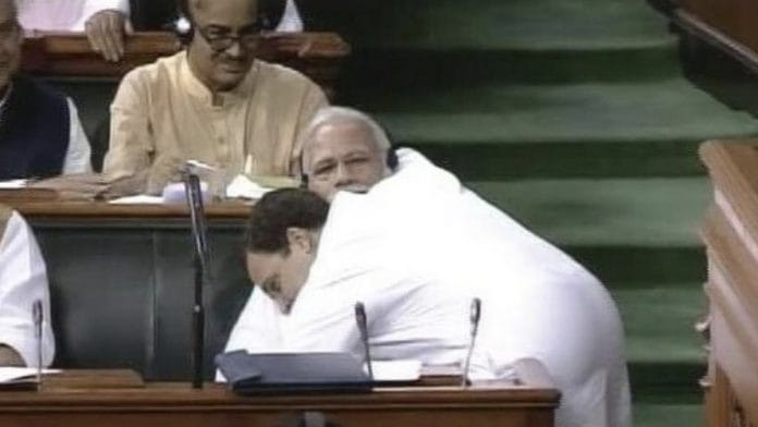 Rahul Gandhi hugs Narendra Modi in Parliament | YouTube screengrab