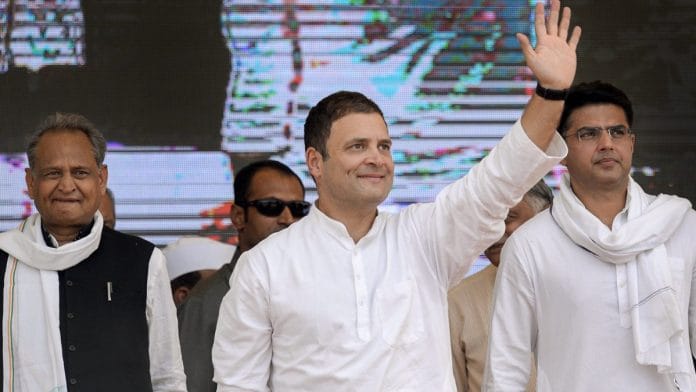 Congress president Rahul Gandhi (C) with Sachin Pilot (R) and former CM Ashok Gehlot (L) | PTI