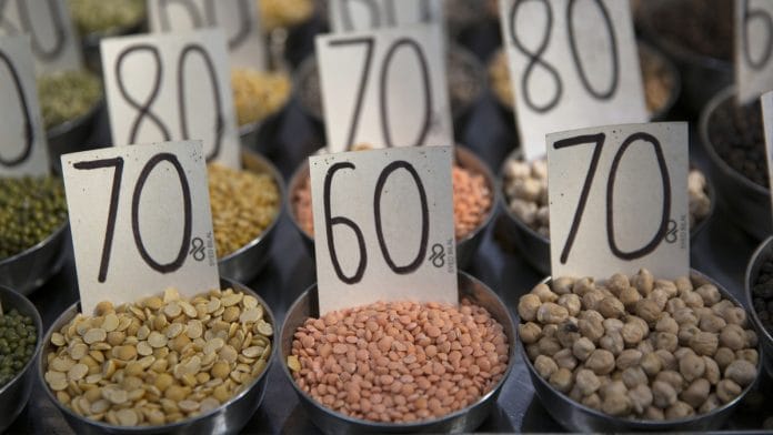 Samples of pulses are displayed in a wholesaler at Khari Baoli spice market in New Delhi