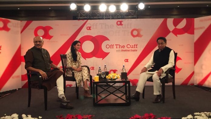 Madhya Pradesh chief minister Kamal Nath (R) with Shekhar Gupta (L) and Neelam Pandey (C) at Off The Cuff